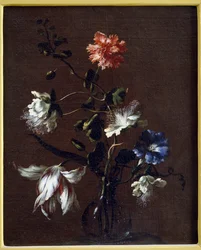 Ainda vida de flores de alcaparra, cravos, trepadeiras e tulipas